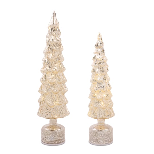 Melrose LED Mercury Glass Rotating Pine Tree Set